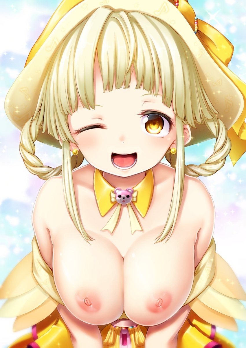 areolae bang_dream! blonde_hair breasts breasts_out collarbone earrings eyebrows_visible_through_hair female getsuyou_yasumi hat jewelry large_breasts magical_girl neck_ribbon nipples one_eye_closed open_mouth ribbon shiny shiny_skin sparkle teeth tongue tsurumaki_kokoro tukiyofree wink witch_hat yellow_ribbon