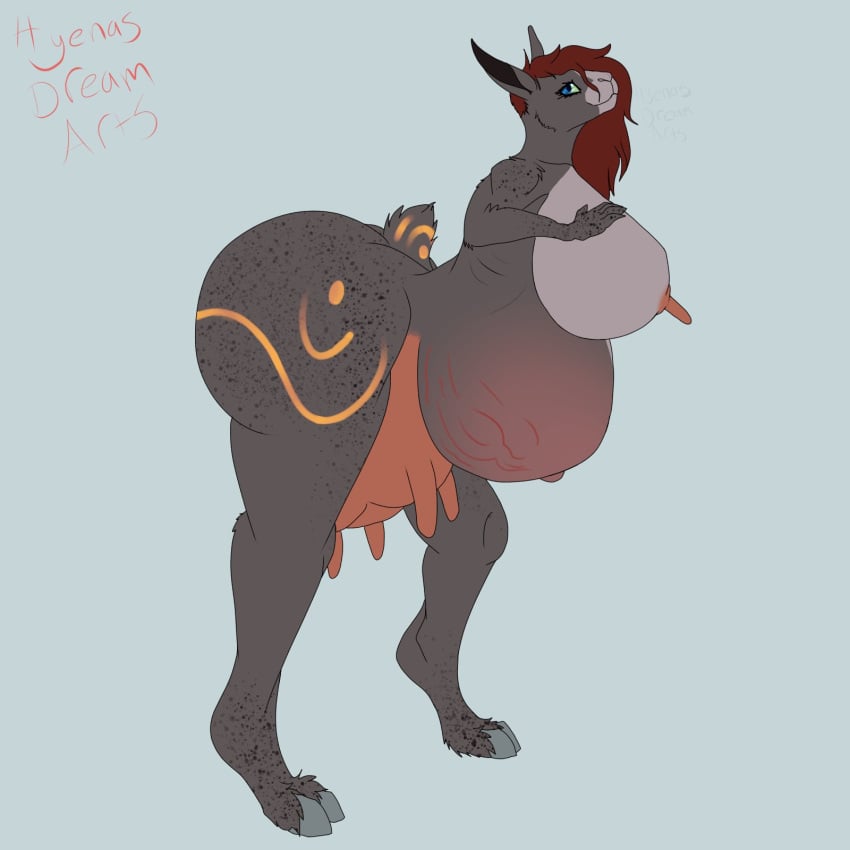 1:1 animal_humanoid anthro areola ass belly big_belly big_breasts biped blue_eyes bovid bovid_humanoid bovine bovine_humanoid breasts cattle cattle_humanoid digital_media_(artwork) female fur green_eyes grey_body grey_fur hair heterochromia hi_res hooves huge_breasts humanoid hybrid hyenas_dream_arts hyper hyper_belly hyper_breasts hyper_pregnancy lagomorph lagomorph_humanoid leporid leporid_humanoid looking_at_viewer mammal mammal_humanoid markings navel nipples nude orange_markings pregnant rabbit rabbit_humanoid red_hair simple_background smile solo stretch_marks teats udders white_markings yellow_markings