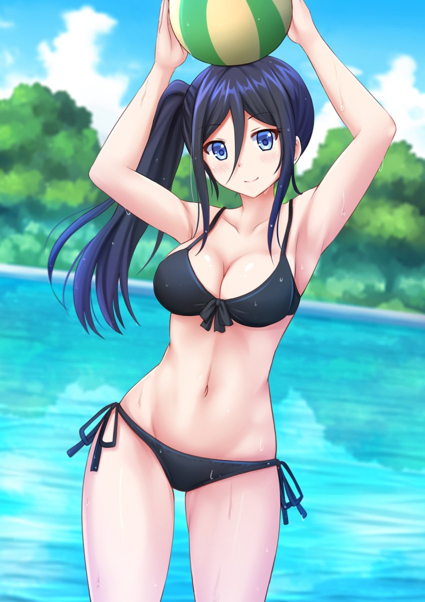 1girls beach beach_ball bikini black_bikini blue_eyes dark_blue_hair female female_only hibike!_euphonium kazenokaze ponytail seaside solo solo_female swimsuit tanaka_asuka water