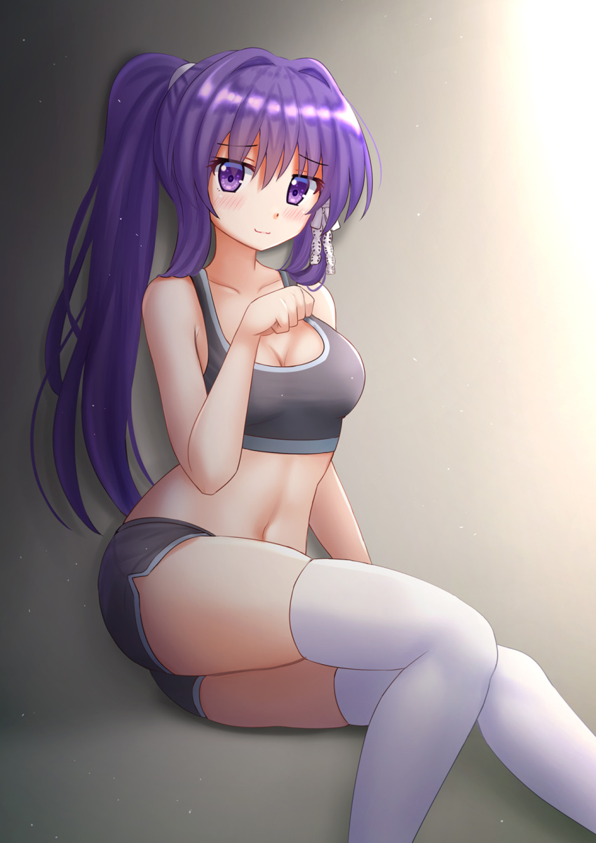 1girls bike_shorts clannad clothing female fujibayashi_kyou kazenokaze ponytail purple_eyes purple_hair solo sports_bra sportswear stockings