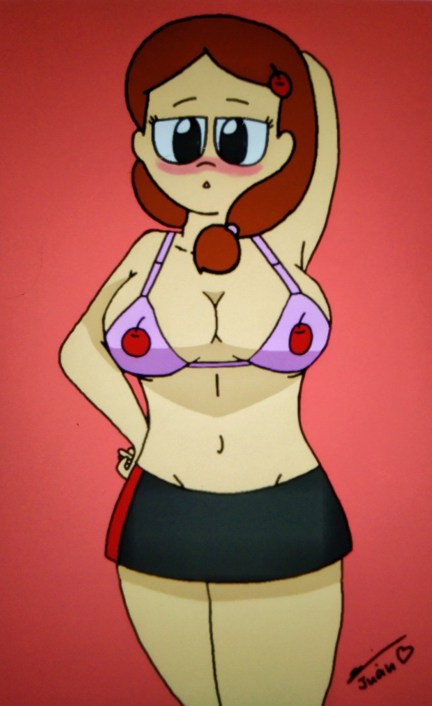 alternate_version_available big_breasts black_skirt blush bra curvy curvy_body curvy_figure cute eli_(writers_crusaders) exposed_bra half-closed_eyes miniskirt pink_background pink_bra shirtless simple_background skirt solo_female thick_thighs thighs wcjuan writers_crusaders