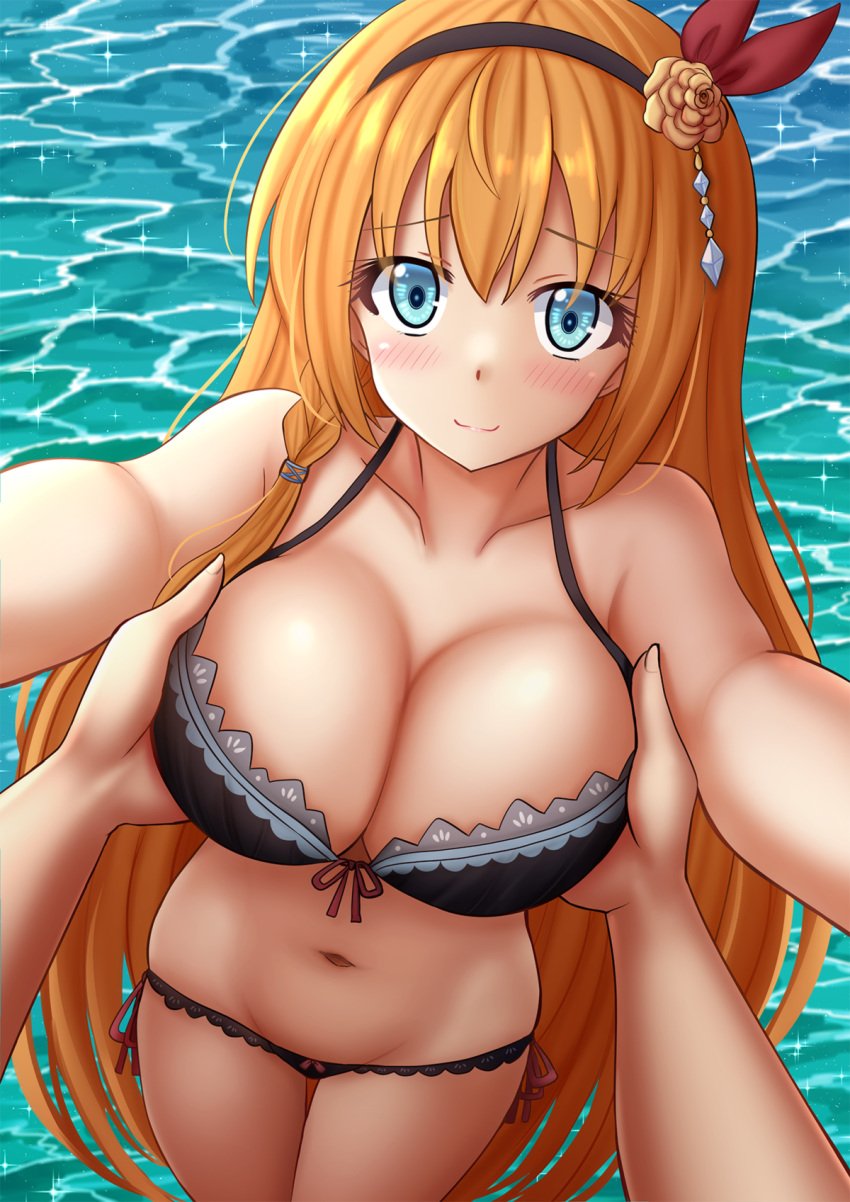 1girls belly_button bikini black_bikini blue_eyes bra breasts female female_only ginger_hair grabbing_breasts holding_breast huge_breasts kazenokaze long_hair looking_at_viewer only_female orange_hair pecorine princess_connect! princess_connect!_re:dive seaside solo sunshine water