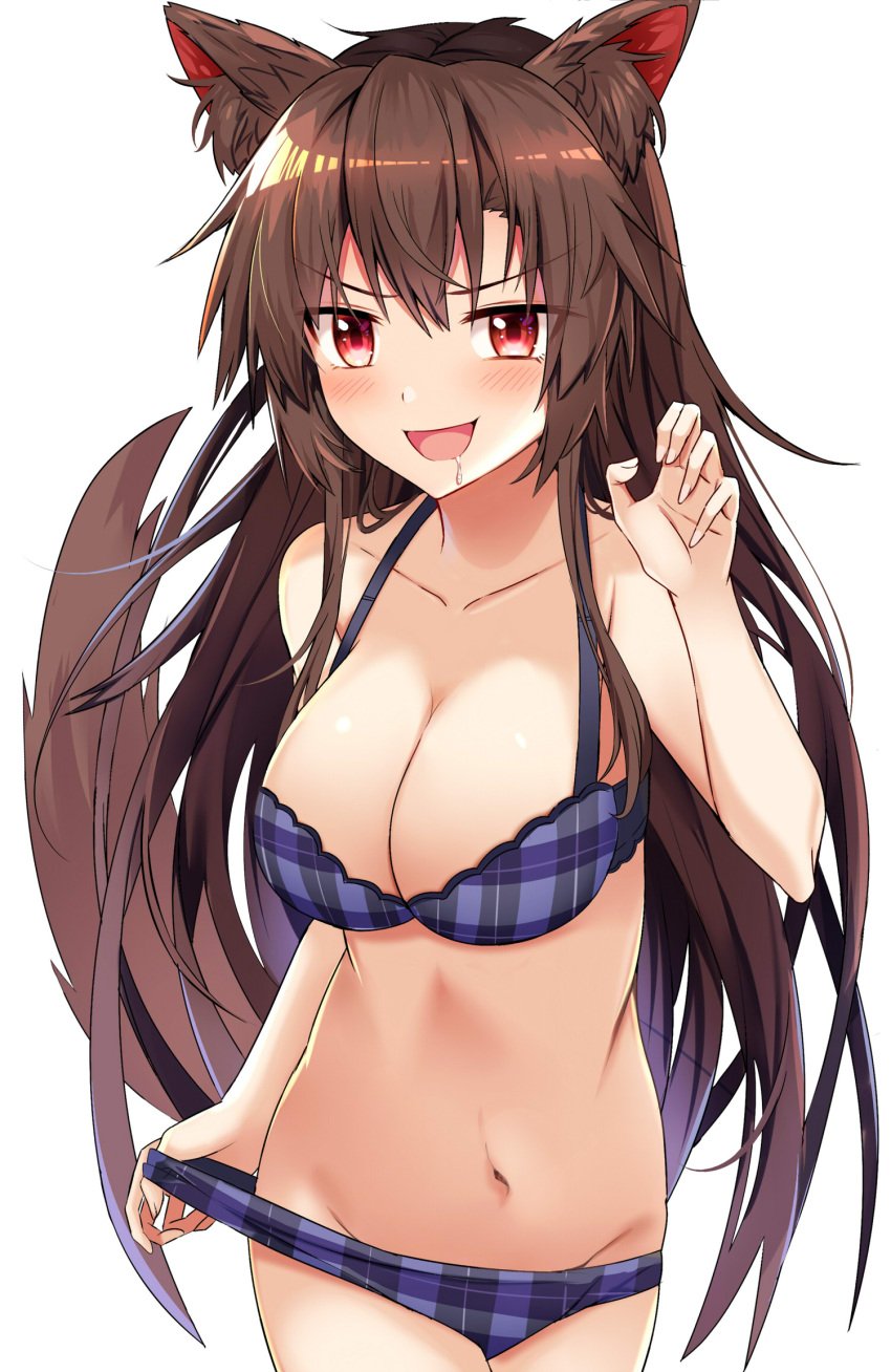 :d animal_ear_fluff animal_ears bangs bare_arms bare_shoulders bikini bikini_pull blue_bikini blush breasts brown_hair cleavage clothes_pull collarbone cowboy_shot drooling e.o. eyebrows_visible_through_hair female groin hand_up kagerou_imaizumi large_breasts long_hair looking_at_viewer navel open_mouth plaid plaid_bikini red_eyes saliva simple_background smile solo standing stomach swimsuit tail touhou very_long_hair white_background wolf_ears wolf_tail