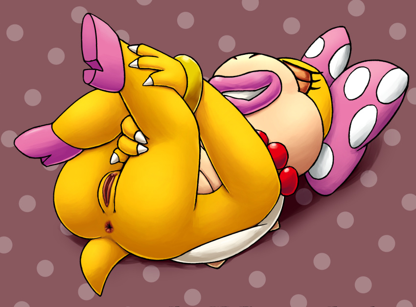 accessory anthro anus bwrd closed_eyes female genitals hair_accessory hair_ribbon hairbow hi_res high_heels jewelry koopa koopaling legs_up lying mario_(series) mostly_nude necklace nintendo on_back presenting pussy ribbons scalie solo soubriquetrouge sr video_games wendy_o._koopa