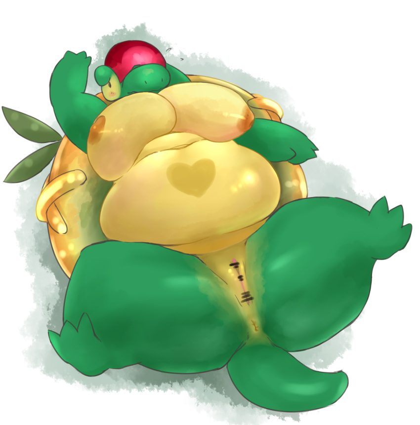 023 anthro anthrofied anus appletun belly breasts dragon female food food_creature genitals hi_res lying nintendo on_back overweight overweight_anthro overweight_female pokémon_(species) pokemon pussy solo video_games