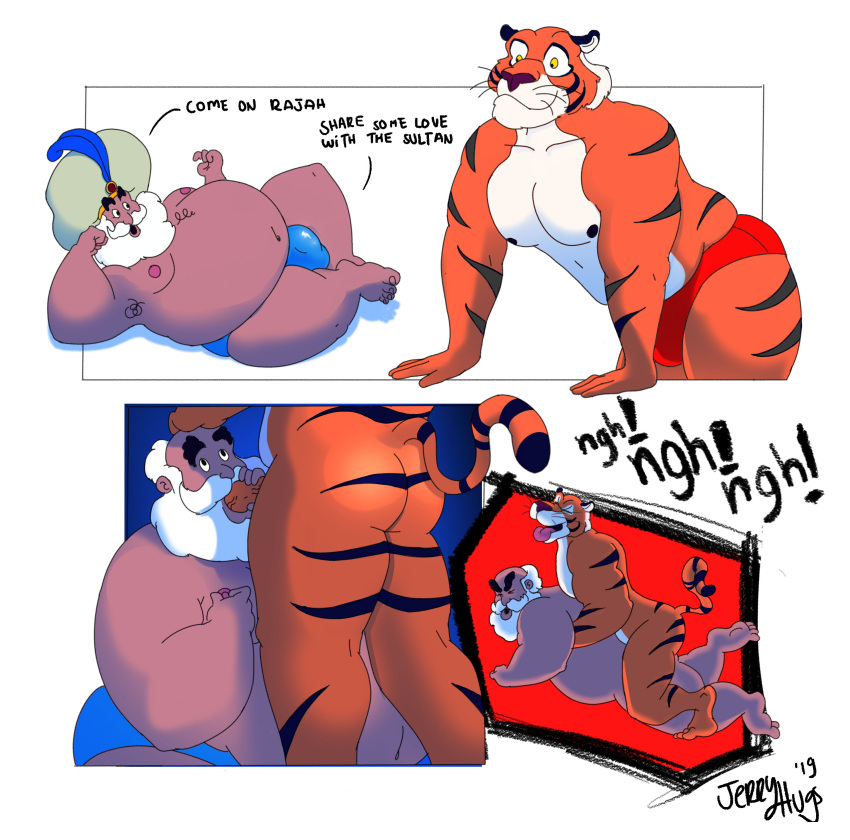 absurd_res aladdin anthro anthrofied arab_male ass beard comic disney duo english_text facial_hair felid fellatio gay hi_res human human_on_anthro interspecies jerryhugs male male/male male_only mammal oral overweight overweight_human overweight_male pantherine penile penis rajah sex sultan_(aladdin) text tiger white_beard yaoi