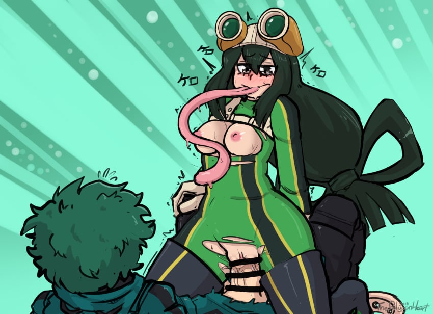 1boy 1boy1girl 1girls bar_censor big_penis blush bodysuit boots breasts censored cowgirl_position exposed_breasts female female_on_top female_penetrated frog_girl frog_tongue green_hair hero_outfit_(mha) izuku_midoriya light-skinned_male light_skin long_hair long_tongue male/female moaning my_hero_academia riding ripped_clothing skin_tight straight tears thick_thighs tongue tongue_out torn_clothes tsuyu_asui vaginal_insertion vaginal_penetration vaginal_sex