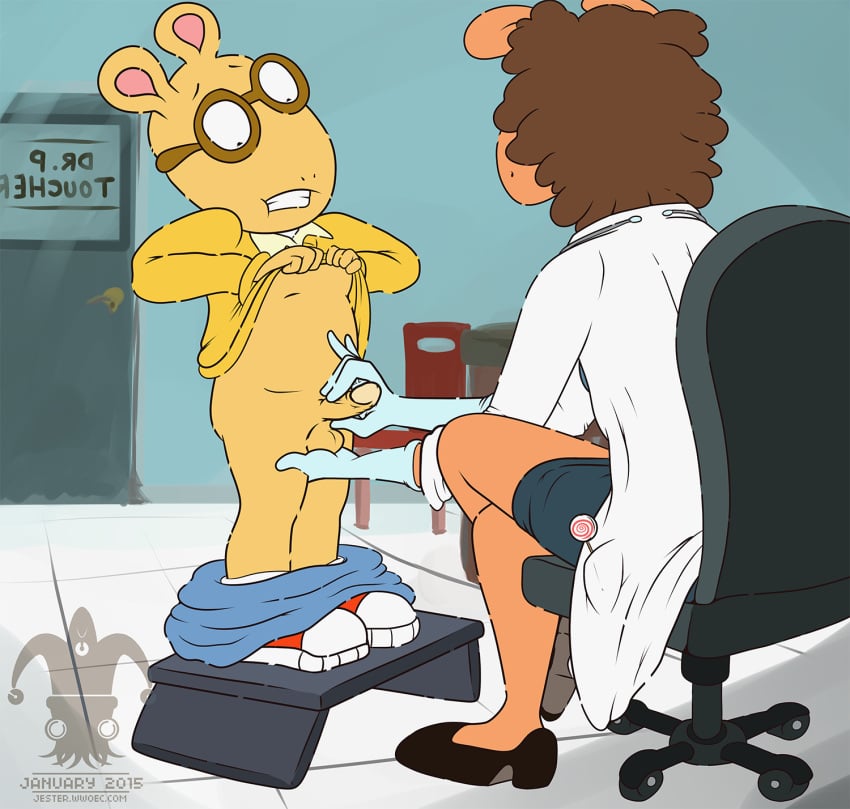 2015 aardvark anthro arthur_(series) arthur_read ball_fondling balls blargsnarf candy clothed clothing dessert digital_media_(artwork) doctor doctor_on_patient duo erection eyewear female fondling food footwear genitals glasses gloved_handjob gloves hair handjob handwear hi_res holding_penis humanoid_genitalia humanoid_penis latex_gloves lollipop male male/female mammal medical_instrument nurse pants_around_ankles penis raised_clothing raised_topwear scientific_instrument shoes three-finger_handjob topwear unprofessional_behavior watermark young