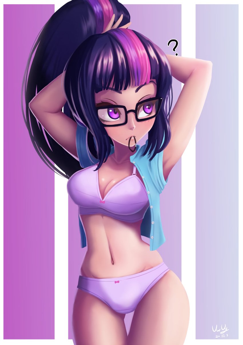 1girls abs absurd_res armpits arms_up bra breasts cleavage clothed clothes clothing equestria_girls female glasses hairtie high_resolution highres lavender_bra lavender_panties my_little_pony panties purple_eyes purple_hair purple_underwear sci-twi solo the-park twilight_sparkle_(mlp) underwear