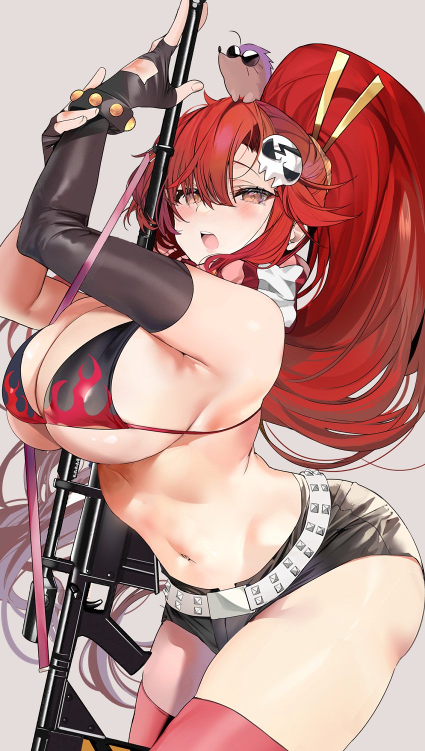 1girls 2022 anti-materiel_rifle asymmetrical_gloves bangs bare_shoulders belt big_breasts bikini bikini_top black_gloves black_shorts blush boota breasts bulging_breasts cleavage curvaceous curvy_body curvy_female curvy_figure elbow_gloves female fingerless_gloves gloves gun highres large_breasts looking_at_viewer marushin_(denwa0214) navel no_eyewear open_mouth orange_eyes pink_legwear ponytail red_hair redhead rifle scarf seductive_look short_shorts shorts sidelocks sniper_rifle swimsuit tengen_toppa_gurren-lagann tengen_toppa_gurren_lagann thighhighs thighs voluptuous_female weapon yoko_littner