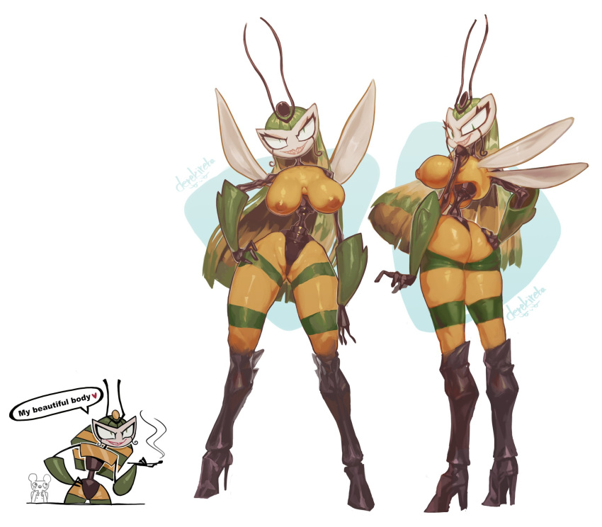 1girls alien anthro ass big_breasts breasts cleavage clothed clothing derekireba female footwear green_eyes hair hi_res high_heels lips long_hair machine my_life_as_a_teenage_robot nickelodeon nipples nude pose red_lips robot simple_background smooth_skin solo speech_bubble text thick_thighs thin_waist vexus wings