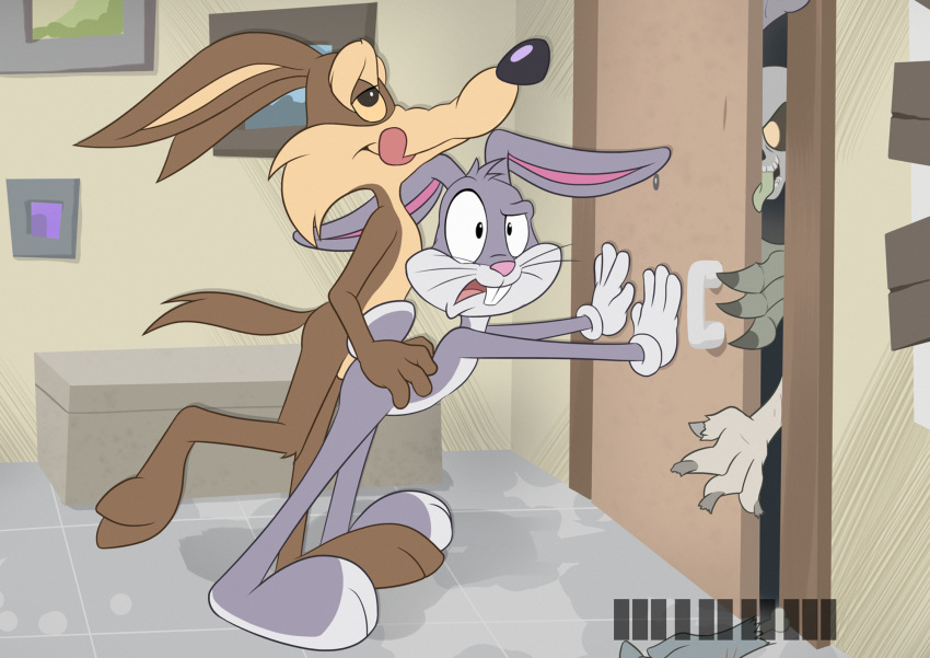 2boys bugs_bunny canine coyote gay gloves implied_anal implied_sex interspecies leporid long_ears looney_tunes male male/male male_only minum pleasure_face pushing_door_shut questionable_consent rabbit size_difference smooth_fur surprise_buttsex tongue tongue_out wile_e._coyote zombies