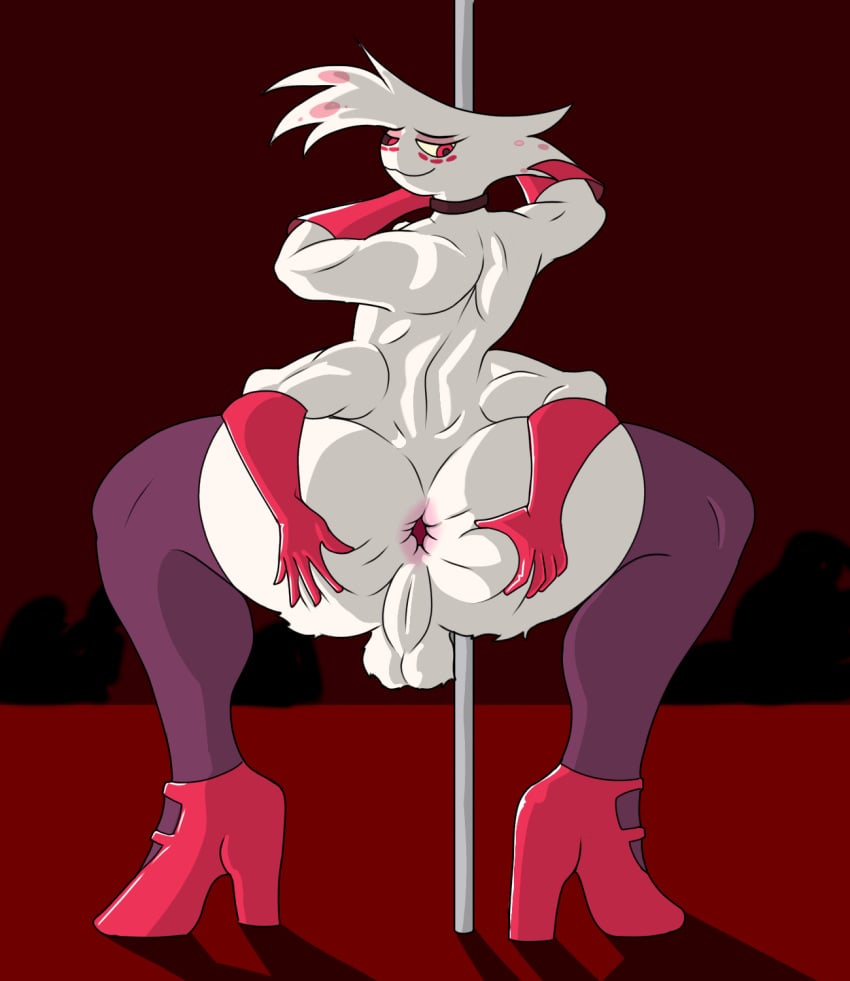 1boy angel_dust_(hazbin_hotel) anthro anus arachnid arthropod ass balls big_butt clothed clothing femboy gaping genitals gloves handwear hazbin_hotel hi_res high_heels legwear looking_back male male_only partially_clothed perineum pole solo solo_male spider spread_butt spreading stockings vivienne_medrano watersucc