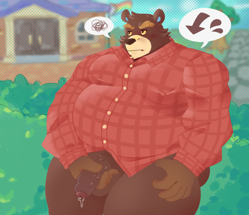 2021 animal_crossing anthro balls bodily_fluids brown_body brown_fur clothing fur genital_fluids genitals grizzly_(animal_crossing) humanoid_genitalia humanoid_hands humanoid_penis male mammal milkysodaa nintendo outside overweight overweight_male penis precum shirt solo topwear ursid video_games