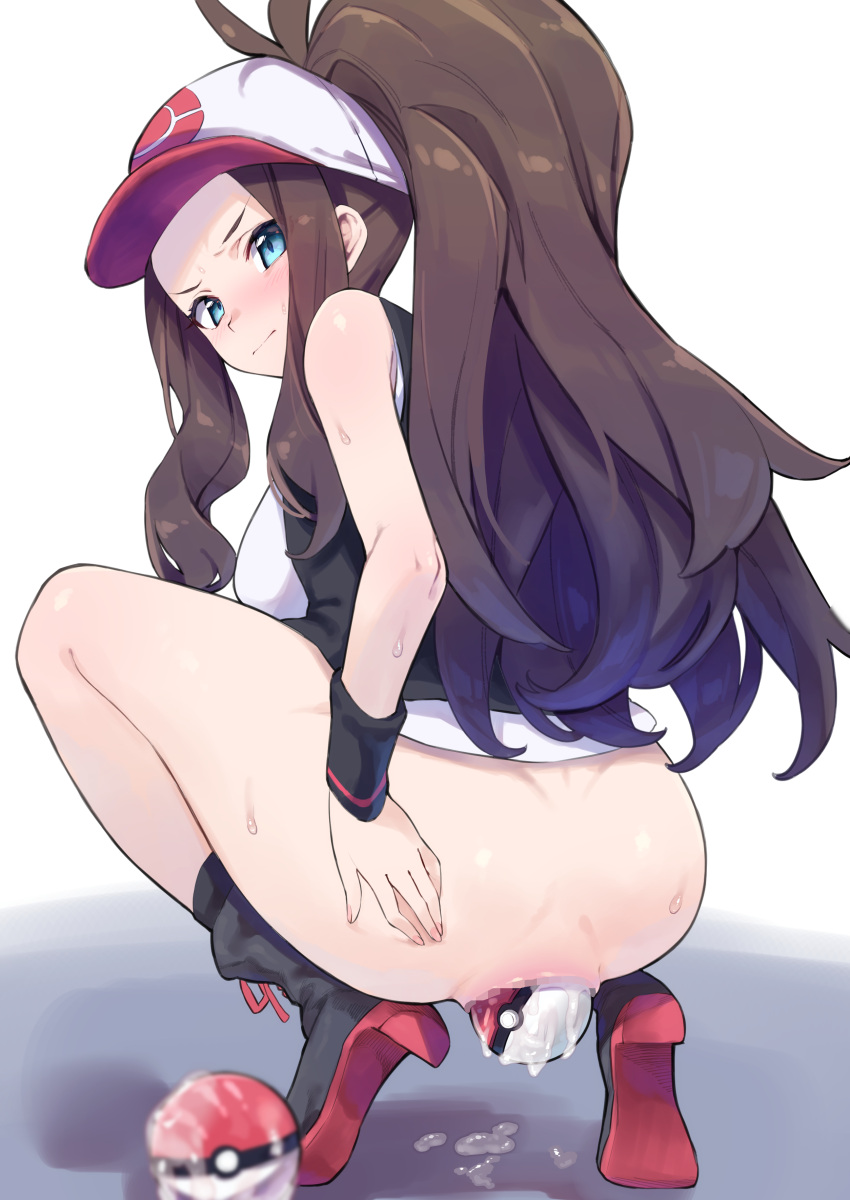 absurdres anal ass baseball_cap black_footwear blue_eyes boots brown_hair censored commentary_request female from_behind hat highres hilda_(pokemon) long_hair looking_at_viewer mosaic_censoring poke_ball poke_ball_insertion pokemon pokemon_(game) pokemon_bw ponytail pussy_juice simple_background solo squatting sutora_binsuke sweat white_background white_headwear