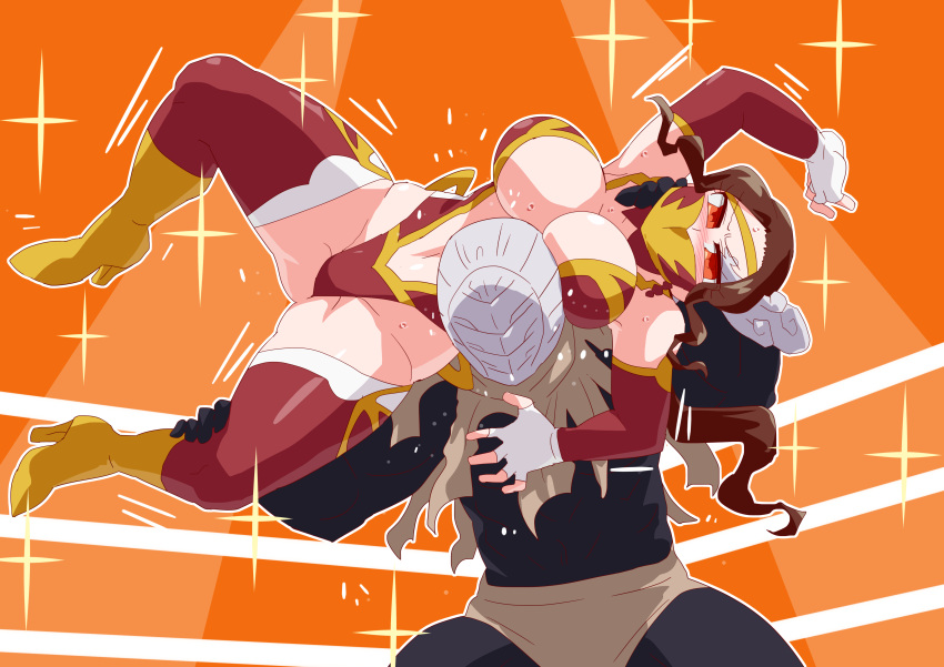 arm_stockings big_breasts big_thighs black_skin blush boots brown_hair curvy curvy_figure embarrassed fighting fighting_ring fingerless_gloves gloves gold_boots hair_ornament holding_person kamen_rider kamen_rider_saber_(series) long_hair maledom mask masked masked_female masked_male muscular muscular_male orange_background orange_eyes otokam1117 red_outfit red_thigh_highs red_thighhighs sabella shindai_reika spotlight thick_thighs thigh_highs thighhighs voluptuous white_gloves wrestling wrestling_move wrestling_outfit wrestling_ring wrestling_singlet