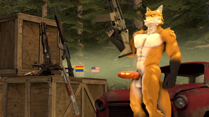 16:9 3d_(artwork) 4k 5_fingers 5_toes absurd_res anthro assault_rifle balls black_body black_fur box canid canine car digital_media_(artwork) erection feet fingers firearm firearms forest fox fur genitals gun handgun hi_res holding_gun holding_object holding_weapon humanoid_genitalia humanoid_penis lgbt_pride liberarsi m16 male male/male mammal muscular muscular_male penis petruz3d petruz_(copyright) plant pride_colors ranged_weapon rifle s1897 smile solo solo_focus source_filmmaker spas-12 standing toes tree ump45 vehicle weapon white_body white_fur widescreen yellow_body yellow_fur