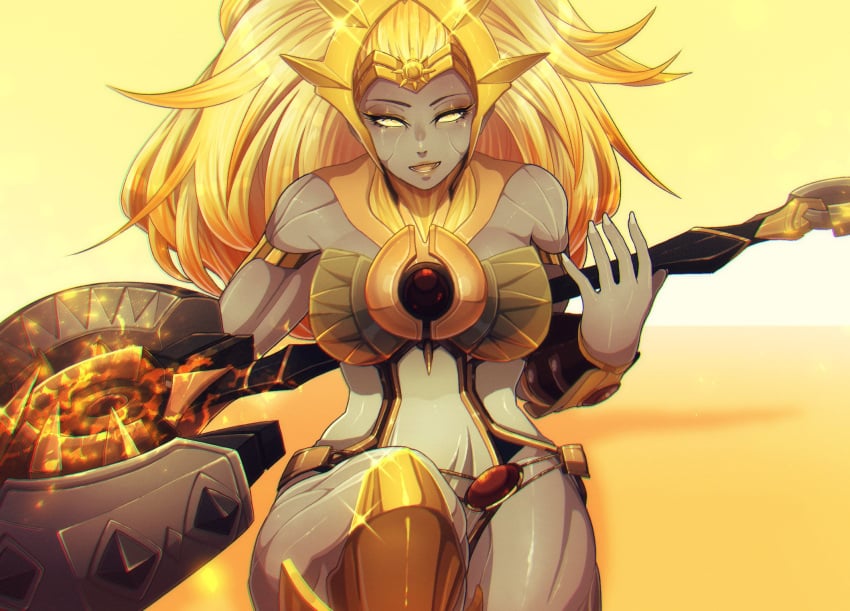 armor breasts clothed clothing dota dota_2 female glowing glowing_eyes glowing_hair gold gold_eyes gold_hair riko_(artist) smile thick_thighs thighs valora_the_dawnbreaker weapon