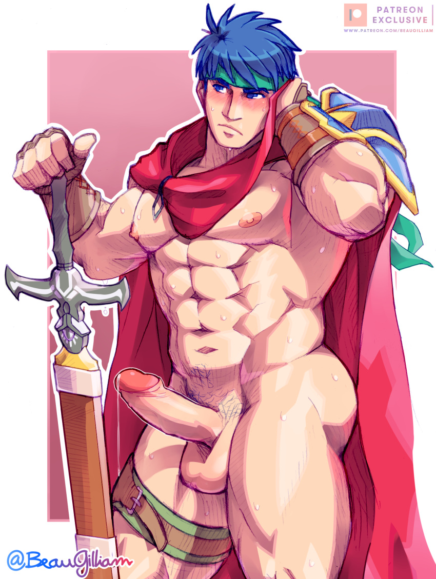 1boy balls bara beaugilliam big_penis blue_eyes blue_hair cape cum_drip cum_dripping cum_on_penis erection fire_emblem fire_emblem:_path_of_radiance fire_emblem:_radiant_dawn ike_(fire_emblem) male male_focus male_only muscular muscular_male pecs penis pubic_hair ragnell_(fire_emblem) solo solo_male sweat sword thighs weapon