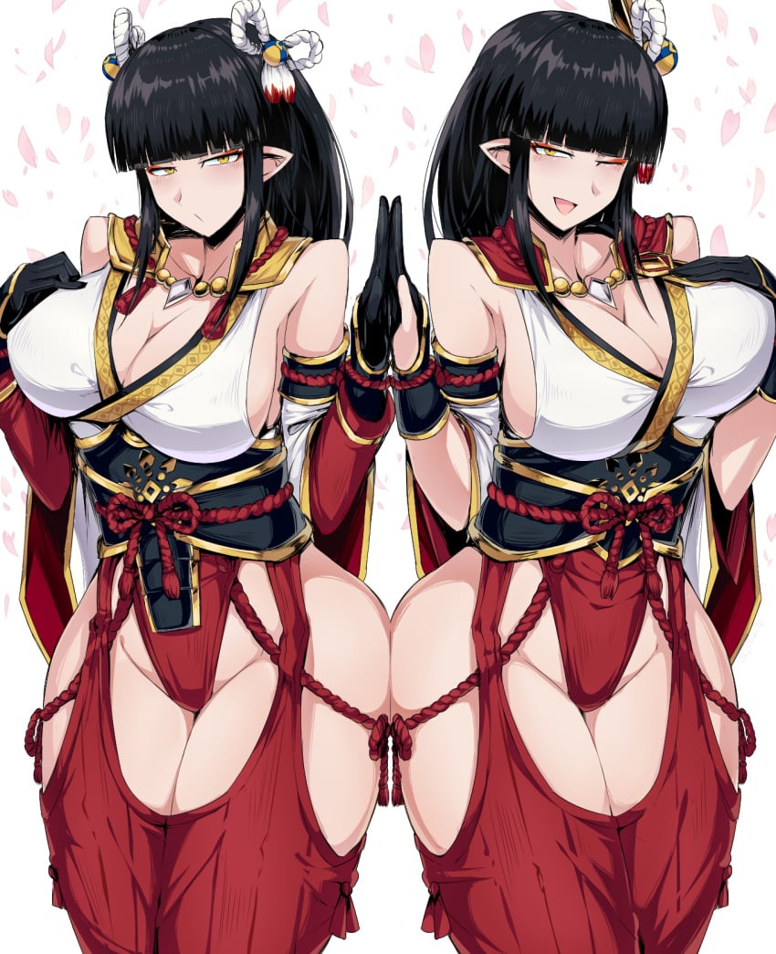 2girls bangs bare_shoulders big_breasts black_hair blunt_bangs capcom cleavage colored female female_only hakama hand_on_breast hinoa hourglass_figure japanese_clothes jewelry large_breasts leotard long_hair makeup minoto monster_hunter monster_hunter_rise necklace pointy_ears revealing_clothes sideboob simple_background sisters suzusiigasuki symmetrical_docking tagme thick_thighs thighhighs thighs traditional_clothes twins wide_hips wink wyverian yellow_eyes