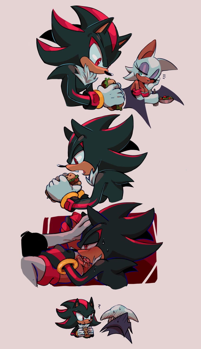 1boy 1girls bat_wings benshir black_fur blush covering_self cunnilingus cutaway eating eating_food eating_pussy embarrassed embarrassed_female flashback food fork green_eyes hamburger hand_on_head holding_head humor question_mark red_eyes rouge_the_bat sega shadow_the_hedgehog sonic_(series) sonic_the_hedgehog_(series) white_fur