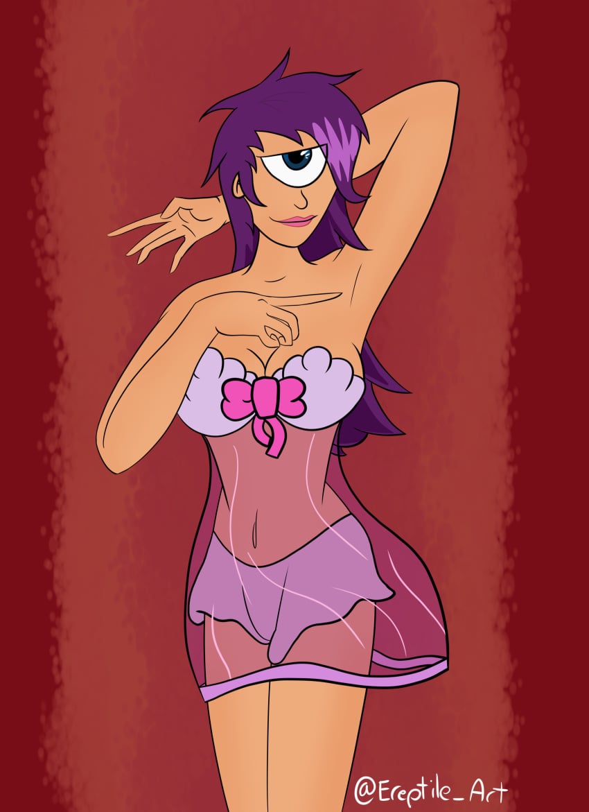 1_eye blue_eyes breasts cyclops ereptile_art female female_focus female_only futurama humanoid light-skinned_female light_skin lingerie pink_clothing pink_panties purple_hair single_eye solo solo_female solo_focus turanga_leela