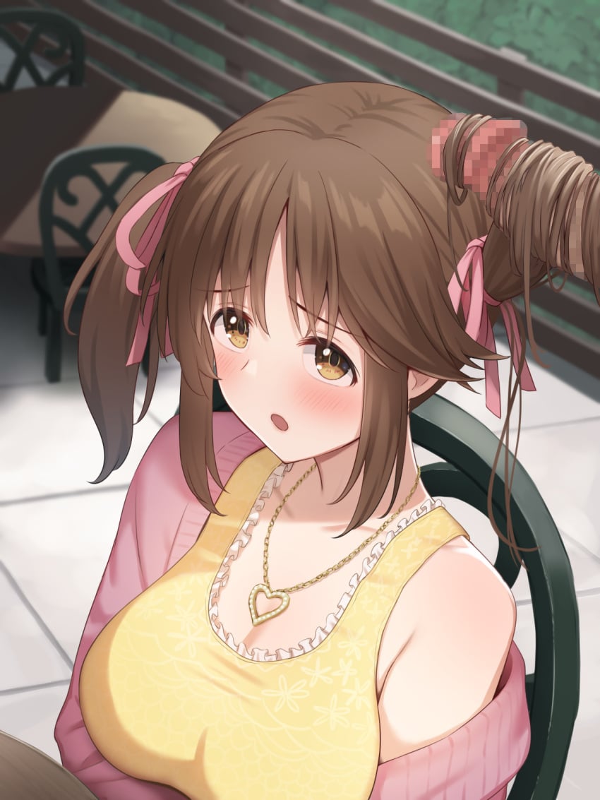 blurry blush breasts brown_eyes brown_hair censored chair depth_of_field female frown hair_ribbon hairjob heart heart_necklace highres kurowan large_breasts long_hair mosaic_censoring off_shoulder penis ribbon scrunchie solo_focus table totoki_airi twintails