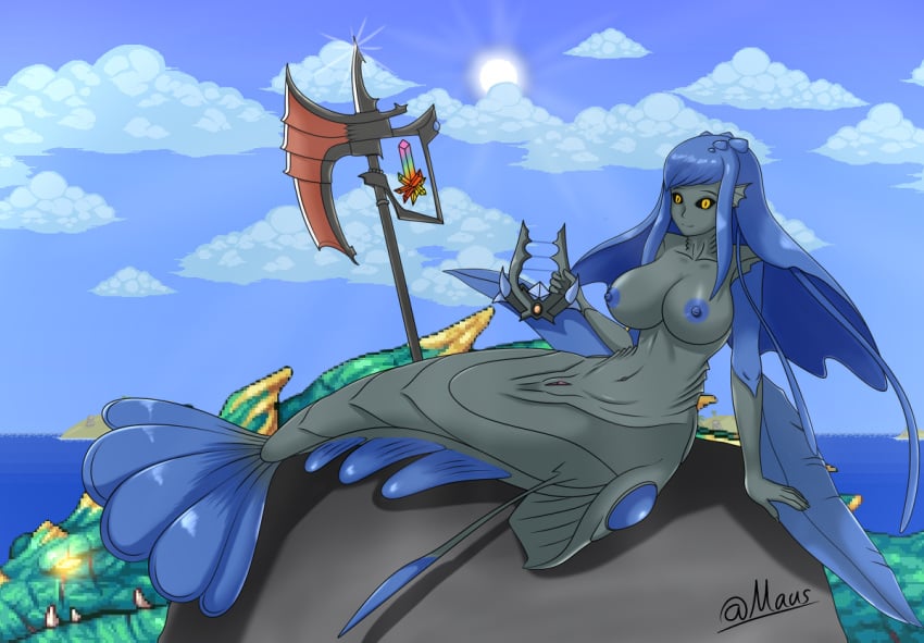 anahita calamity_mod leviathan_(calamity_mod) mermaid monster_girl scales siren sitting tagme terraria