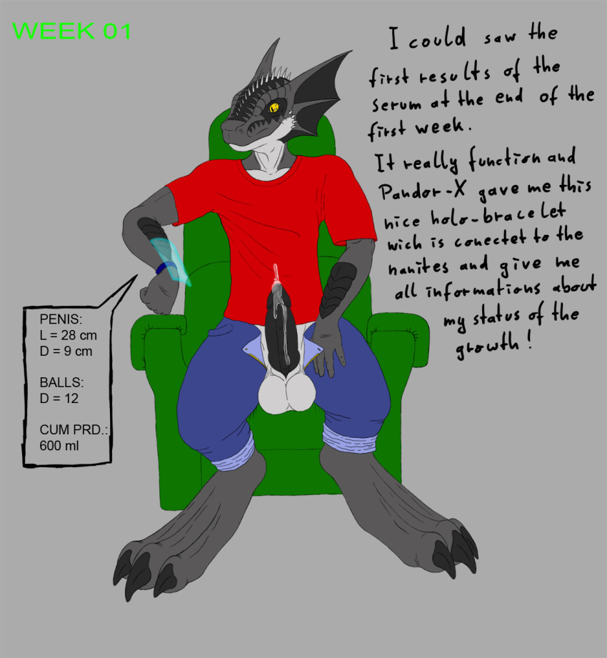 anthro balls bodily_fluids bottomwear clothed clothing dialogue digitigrade dragon drash english_text expansion genital_expansion genital_fluids genitals hi_res male open_bottomwear open_clothing open_pants pants penis penis_expansion precum scalie shirt sitting solo story text topwear wristband