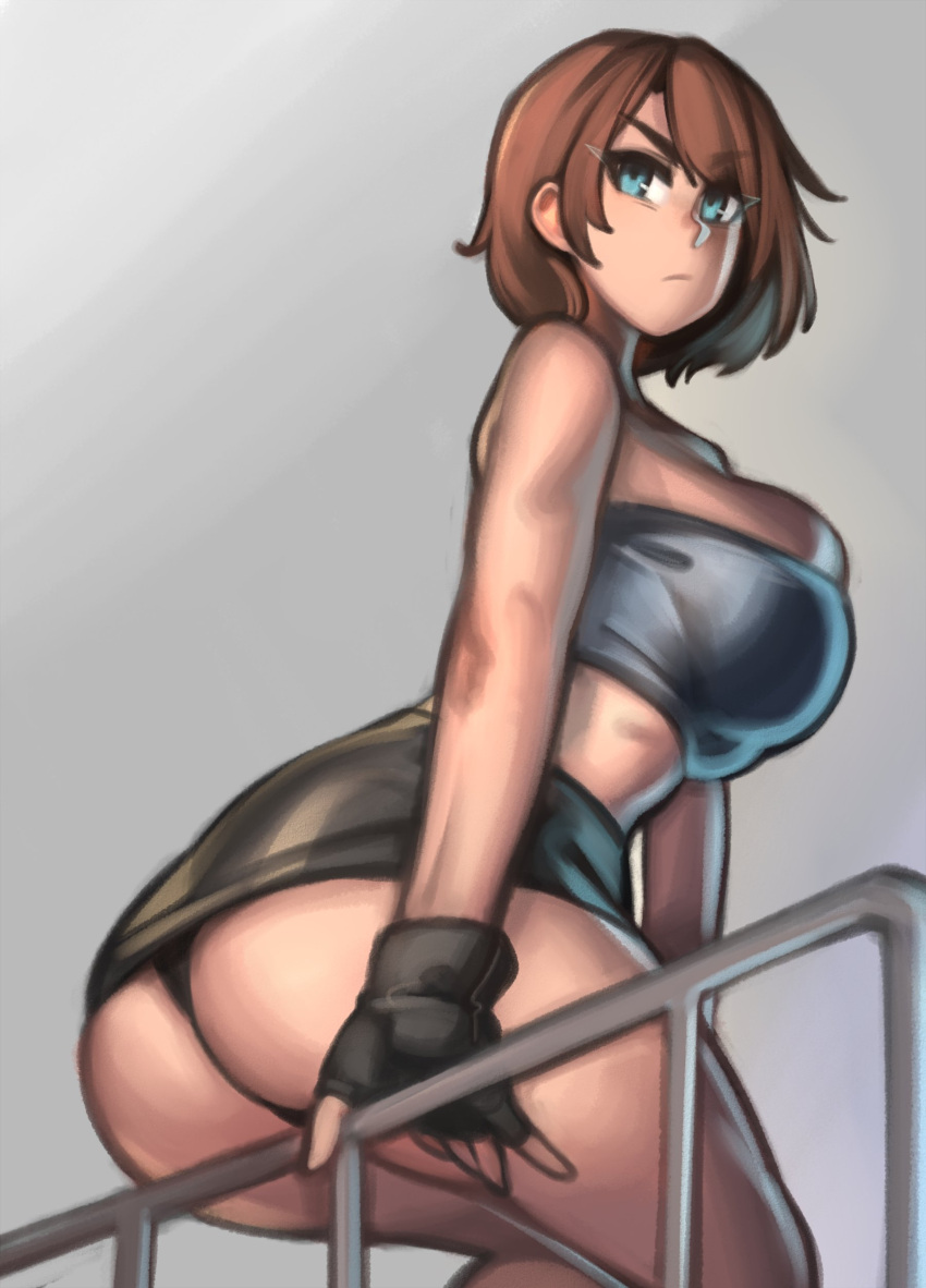 1girls ass black_thong blue_eyes brown_hair capcom female female_only fingerless_gloves grey_background hi_res jill_valentine jill_valentine_(julia_voth) kelvin_hiu looking_at_viewer medium_hair no_eyewear resident_evil resident_evil_3 sitting sitting_on_rail skirt solo solo_female thick_ass thong topwear tubetop