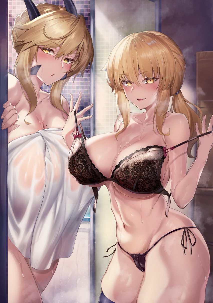 2girls artoria_pendragon artoria_pendragon_(alter) artoria_pendragon_(lancer_alter) bathroom bra breasts fate/grand_order fate_(series) french_braid hirasawa_seiji long_hair looking_at_viewer multiple_girls towel yellow_eyes