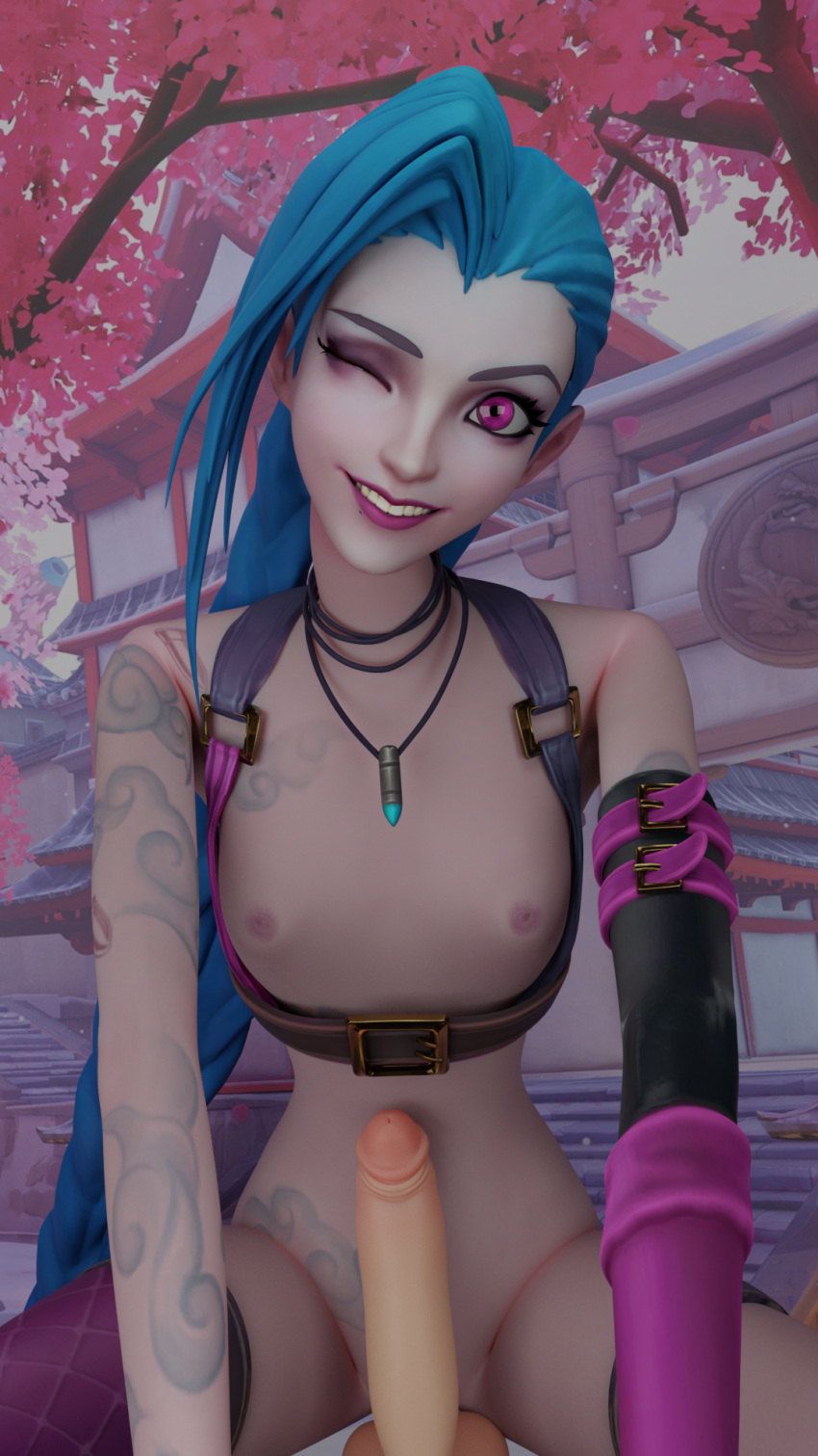 1boy 1boy1girl 1girls 3d arm_tattoo blue_hair breasts breasts_out breasts_out_of_clothes bullet_necklace cyan_hair erection exposed_breasts eye_contact female_on_top femdom flat_chest flat_chested huge_cock jinx_(league_of_legends) large_penis league_of_legends legs_open male_pov necklace one_glove one_thighhigh penis penis_against_belly pink_eyes pink_gloves pink_thighhighs pov pov_eye_contact slim_waist small_breasts smiling smiling_at_viewer tattoo tattoos tiny_breasts twin_braids very_long_hair winking winking_at_viewer