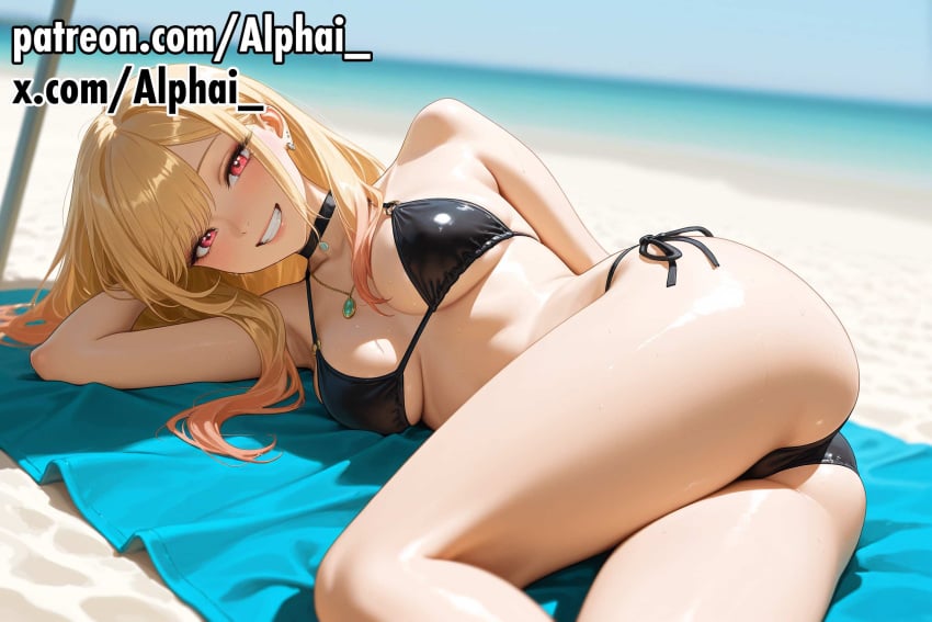 2025 2026 absurd_res absurdres ai_assisted ai_generated alphai ass ass_bigger_than_head ass_on_side bikini_swimsuit blush blush_lines breasts breasts_apart cleavage clenched_teeth curvy curvy_female curvy_figure depth_of_field feet_out_of_frame female female_focus high_quality high_resolution highres kitagawa_marin_sono_bisque_doll_wa_koi_wo_suru legs looking_at_viewer marin_kitagawa mature_female medium_breasts my_dress_up_darling on_towel one_arm_behind_back patreon patreon_exclusive patreon_url patreon_username seductive_eyes sexy sexy_body shiny_skin skin skin_gloss skindentation smiling sono_bisque_doll_wa_koi_wo_suru thick_thighs
