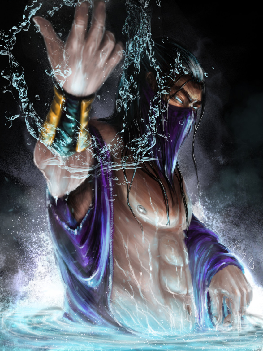 1boy abs artist_request barely_clothed droplets edenian goes_hard male_only mortal_kombat muscular muscular_male netherrealm_studios ninja nipples pond rain_(mortal_kombat) signature simple_background solo_male tagme unknown_artist wet