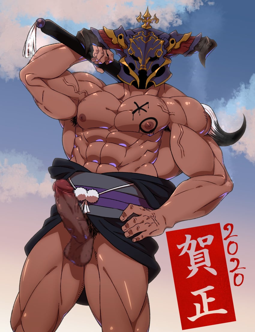 1boy 2020 abs absurdres alternate_costume bara bare_pectorals biceps bodypaint censored dark-skinned_male dark_skin draph erection feet_out_of_frame granblue_fantasy happy_new_year helmet highres horned_helmet japanese_clothes kimono large_pectorals looking_at_viewer male_focus male_only mosaic_censoring muscular muscular_male new_year nipples open_clothes open_kimono over_shoulder pectorals penis smith_(ardp13) smithswhc solo stomach thighs vaseraga veins veiny_penis weapon weapon_over_shoulder