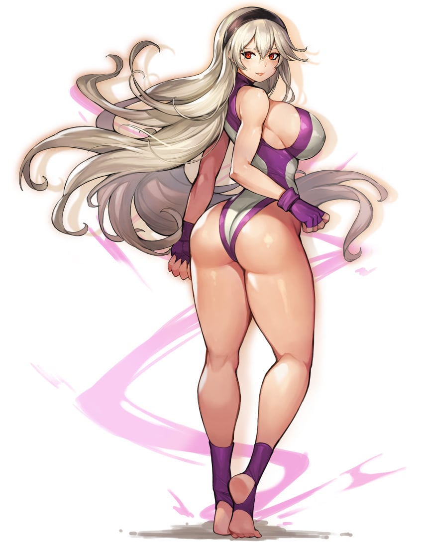 1girls alternate_costume ass barefoot big_ass big_breasts clothed corrin_(fire_emblem) corrin_(fire_emblem)_(female) cosplay fire_emblem fire_emblem_fates gray_hair gurimjang large_breasts long_hair looking_back marvel nintendo red_eyes she-hulk_(cosplay) solo solo_female stirrup_socks very_long_hair