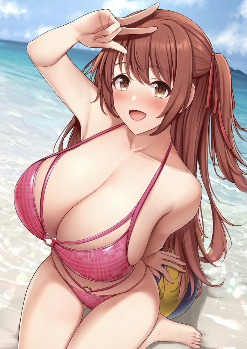 1girls arm_support bare_shoulders barefoot beach big_breasts bikini bikini_bottom bikini_top blush breasts brown_eyes brown_hair cleavage collarbone eyebrows_visible_through_hair feet female female_focus female_only fou_zi kneeling long_hair looking_at_viewer no_shoes nozomi_(princess_connect!) o-ring_bikini ocean on_knees paintcan pink_bikini pink_bikini_bottom pink_bikini_top pink_swimwear princess_connect! princess_connect!_re:dive sea seaside side_ponytail soles solo solo_female solo_focus swimwear thighs toes v volleyball_(ball)