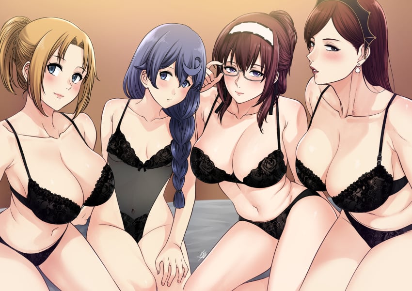 4girls black_bra black_lingerie blonde_hair blue_hair bra breast_size_difference cleavage female female_only hilda_boreas_greyrat huge_breasts human large_breasts lillia_greyrat lingerie long_hair looking_at_viewer mature mature_female milf multiple_girls mushoku_tensei red_hair rokari_migurdia sitting small_breasts take_your_pick teddy_(clothing) thong xtermination younger_female zenith_greyrat