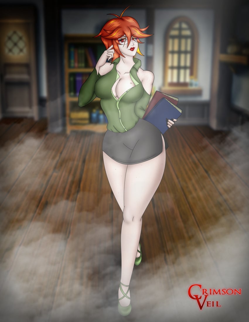 bite_mark cleavage crimson_veil freckles glasses legs librarian mila_(crimson_veil) miniskirt pale_skin red_eyes red_hair vampire