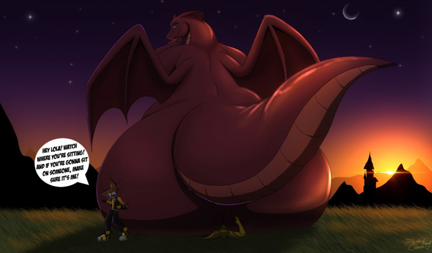 absurd_res anthro bbw big_butt butt canid canine dialogue dragon facesitting female hi_res huge_butt huge_tail lips lipstick lola_dragon looking_at_viewer looking_back male membranous_wings overweight overweight_female rob_(robthehoopedchipmunk) robthehoopedchipmunk scalie sitting_on_face thick_tail wide_hips wings