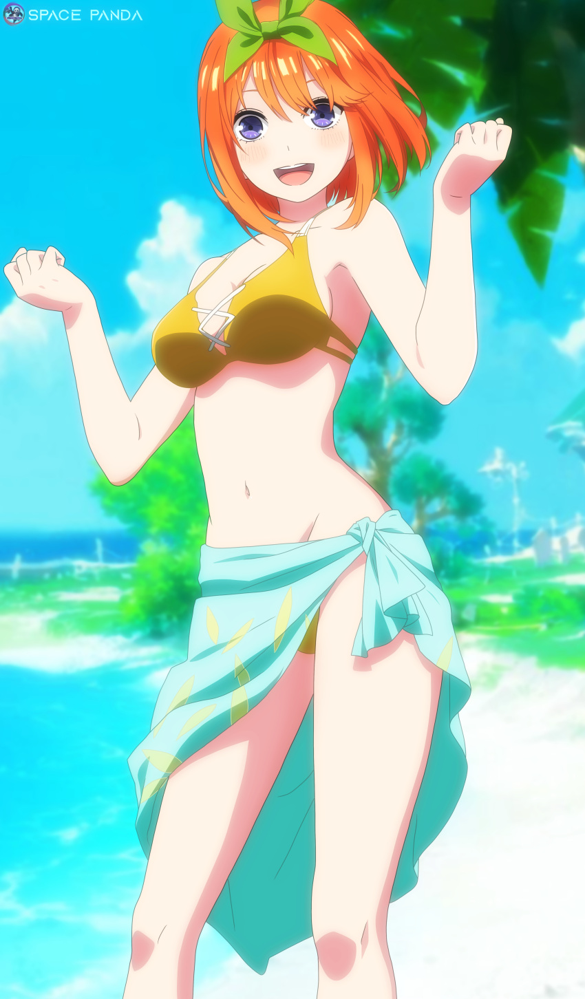 1girls absurd_res beach blue_eyes blush bra cute female female_only go-toubun_no_hanayome happy head_ribbon high_resolution highres looking_at_viewer nakano_yotsuba open_mouth orange_hair panties pants pattern_clothing pose posing ribbon smile smiling smiling_at_viewer space-panda swimsuit towel