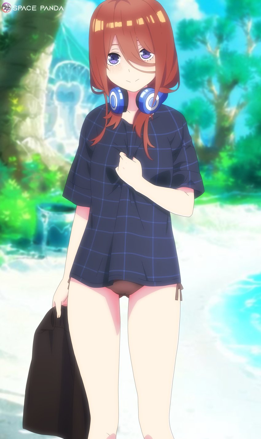 1girls absurd_res beach blue_clothing blue_eyes blush blush brown_hair cute female female female_only go-toubun_no_hanayome headset high_resolution highres looking_at_viewer nakano_miku panties pants pattern_clothing pose smile smiling smiling_at_viewer space-panda t-shirt towel