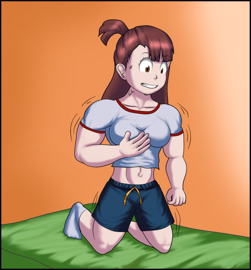 1girls akko_kagari female_only gym_uniform little_witch_academia muscle_growth muscular_female on_bed riseart77 tagme