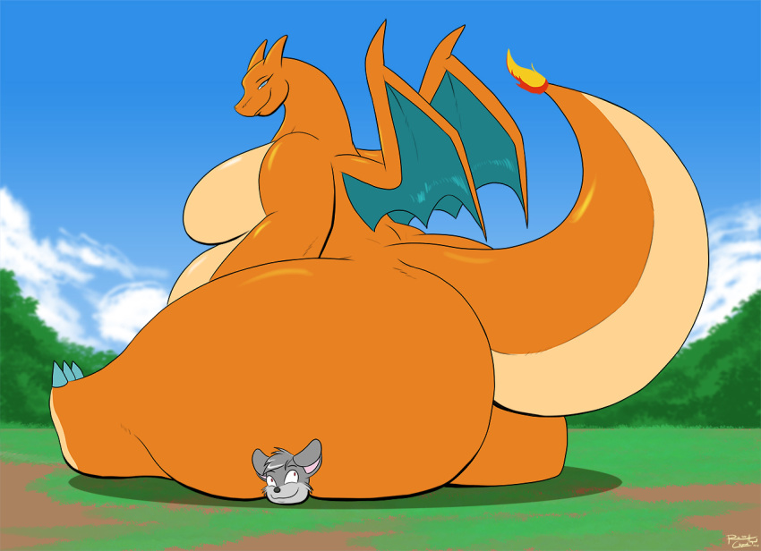 1boy 1girls absurd_res ambiguous_gender anthro ass big_ass big_breasts big_butt blue_eyes breasts butt charizard charizette dat_ass dragon duo fat_ass fat_butt female giant_ass gigantic_ass gigantic_butt hi_res huge_ass huge_butt hyper hyper_ass hyper_butt large_ass large_butt larger_female male male/female massive_ass massive_butt membranous_wings nintendo orange_body orange_skin overweight overweight_female pokémon_(species) pokemon pokemon_(species) robthehoopedchipmunk sitting sitting_on_person size_difference sky smile thick_tail thick_thighs video_games wide_hips wings