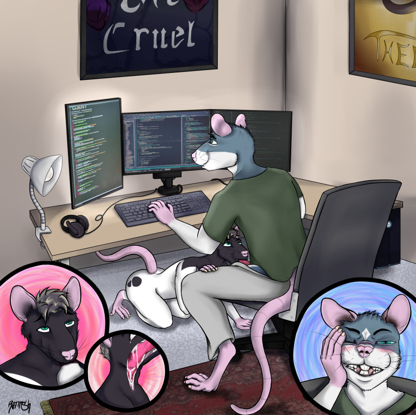 anthro bikkem cage chair deep_throat desk duo fellatio furniture hi_res kneeling male male/male mammal murid murine office_chair oral penile ramish rat rodent sex sucking working wuf