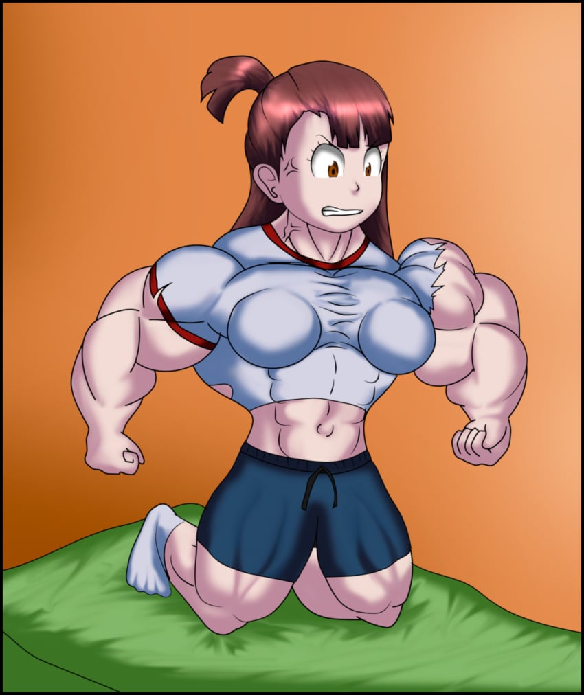 1girls akko_kagari female_only gym_uniform little_witch_academia muscle_growth muscular_female on_bed riseart77 tagme torn_shirt