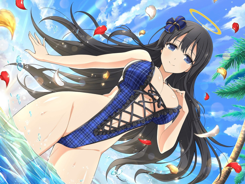 beach black_hair blue_eyes blue_sky female halo long_hair looking_at_viewer one-piece_swimsuit palm_tree petals ryouki_(senran_kagura) senran_kagura senran_kagura_new_link sky swimsuit tree water yaegashi_nan