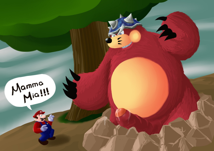 2011 anthro armor caesarcub clothing duo erection eulipotyphlan genitals hat headgear headwear helmet human major_burrows male male_only mammal mario mario_(series) mole_(animal) nintendo overalls overweight overweight_male penis plant shirt super_mario_galaxy text topwear tree video_games