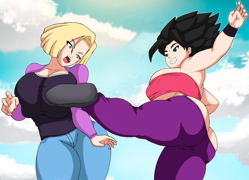 2girls android_18 ass ass_cleavage big_ass big_breasts breasts broken_arm butt_crack catfight caulifla dragon_ball dragon_ball_super dragon_ball_z female_only fight fighting hips huge_ass huge_breasts kicking large_ass large_breasts milf multiple_girls open_mouth saiyan shocked shocked_expression smile smiling teeth_showing thick thick_ass thick_hips thick_legs thick_thighs thighs ultiblackfire wide_eyed wide_hips