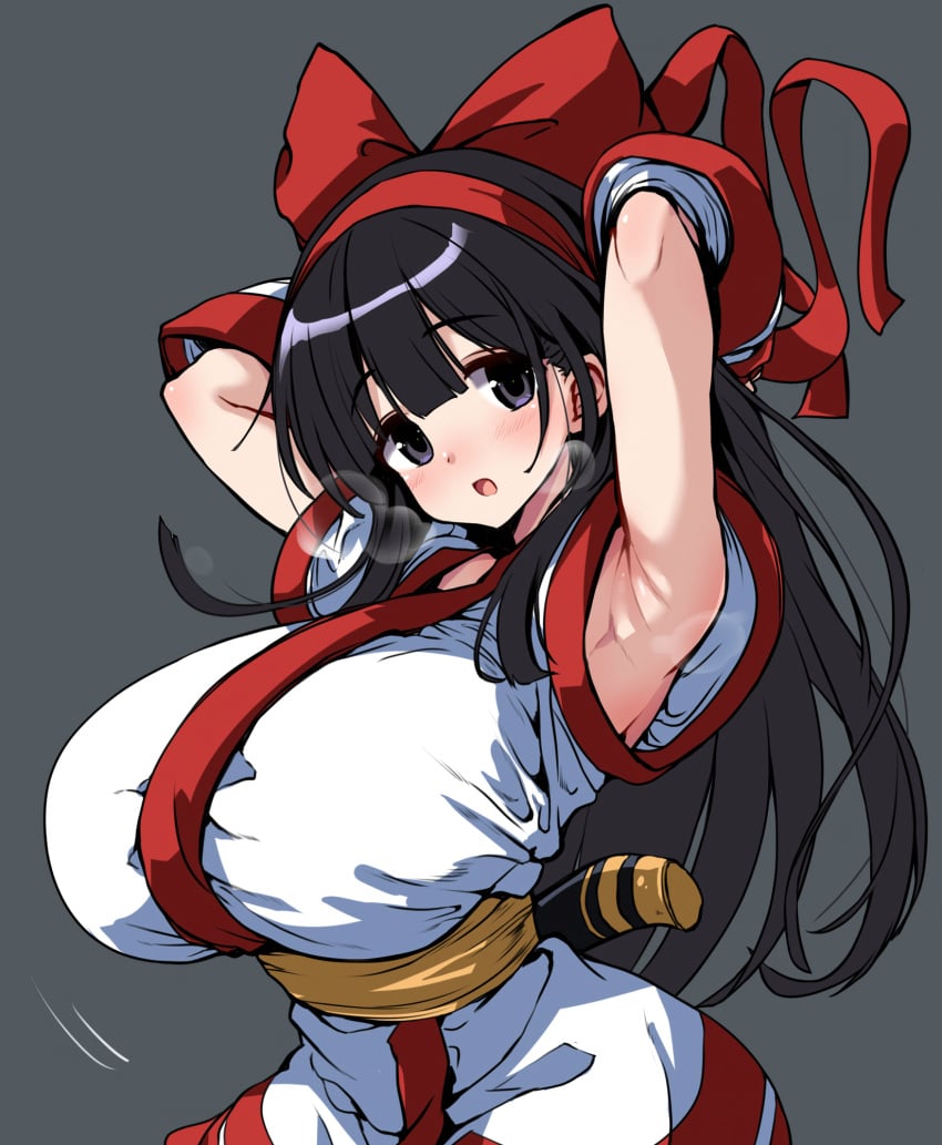 1girls armpits arms_behind_head big_breasts black_hair breasts busty grey_eyes hair_ribbon highres hirowa_nagi huge_breasts king_of_fighters long_hair looking_at_viewer nakoruru open_mouth pose posing ribbon samurai_shodown sensual sexy_armpits snk solo weapon